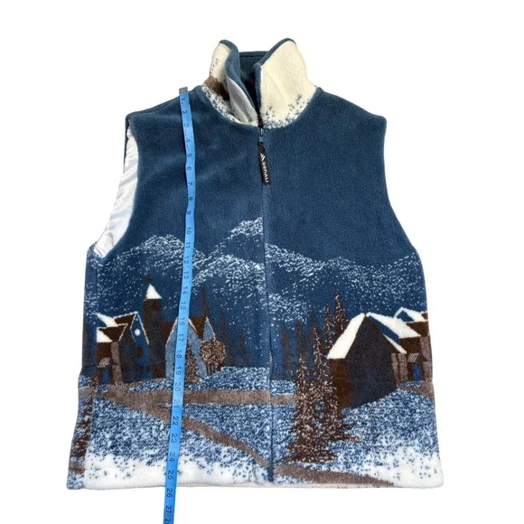 Denali VINTAGE Unisex Fleece Vest Blue Winter Village Mountain Scene Full Zip L - Picture 4 of 8